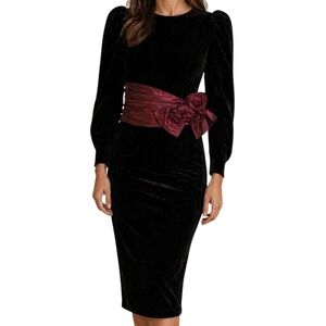 VINTAGE Scott McClintock Black Velvet Midi Dress Red Taffeta Flower Bow Size 6‎